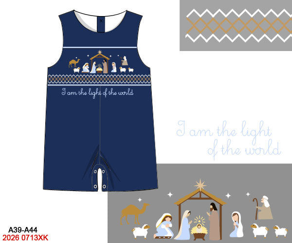 I am the Light of the World - Christmas Baby Boys Navy Blue Nativity Hand Smocked Jon Jon