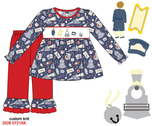 Polar Express Hand Smocked Knit Girls Pants Set – Christmas Holiday Outfit