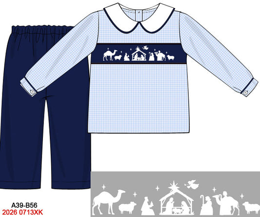 Boys Hand Smocked Nativity Blue Gingham Long Pant Set
