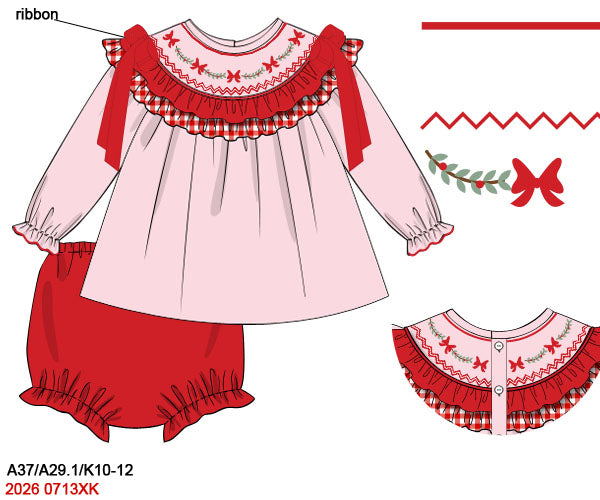 Baby Girls Pink Hand Smocked Christmas Bow Top and Red Bloomer Set