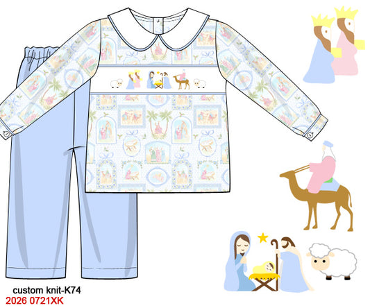 Boys Hand Smocked Nativity Pant Set - Light Blue 2-Piece Christmas Outfit