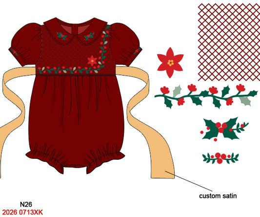 Baby Girl Hand Smocked Christmas Poinsettia Bubble Romper with Gold Satin Sash