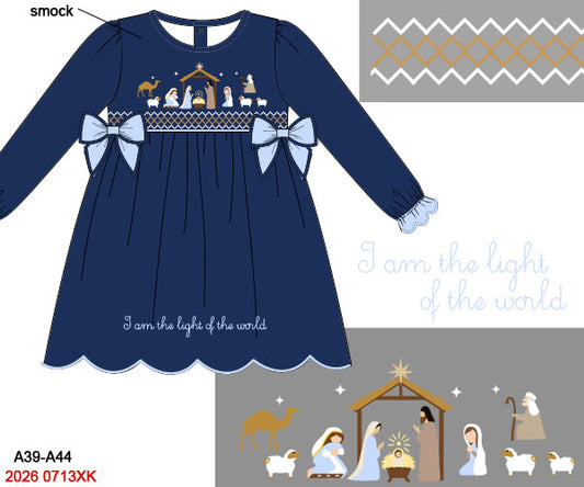 I am the Light of the World - Christmas Girls Navy Blue Nativity Hand Smocked Dress