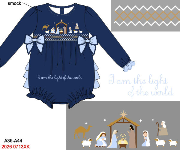 I am the Light of the World - Christmas  Baby Girls Navy Blue Nativity Hand Smocked Bubble Romper