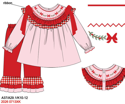 Girls Pink Hand Smocked Christmas Bow Top and Double Ruffle Pants Set