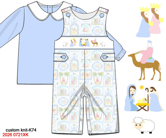 Boys Traditional Nativity Hand Smocked Longall & Knit Shirt Set - Light Blue Heirloom Outfit