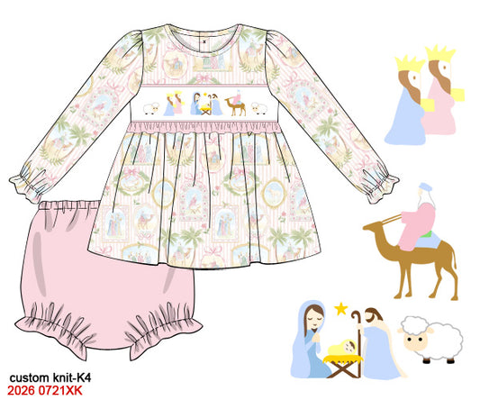 Girls' Pink Nativity Hand-Smocked Long-Sleeve Dress & Bloomer Set