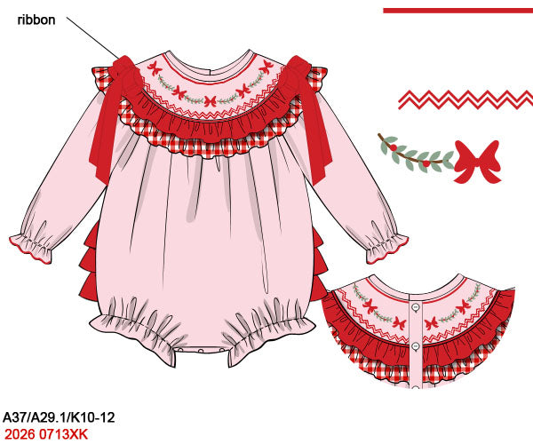 Baby Girl Pink Hand Smocked Christmas Bow Long Sleeve Bubble Romper