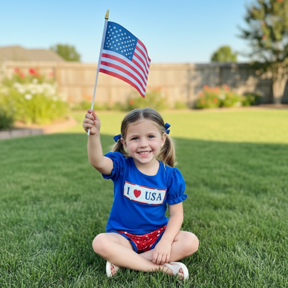 PATRIOTIC HAND SMOCKED - I ❤️ USA - GIRLS SHORTS SET