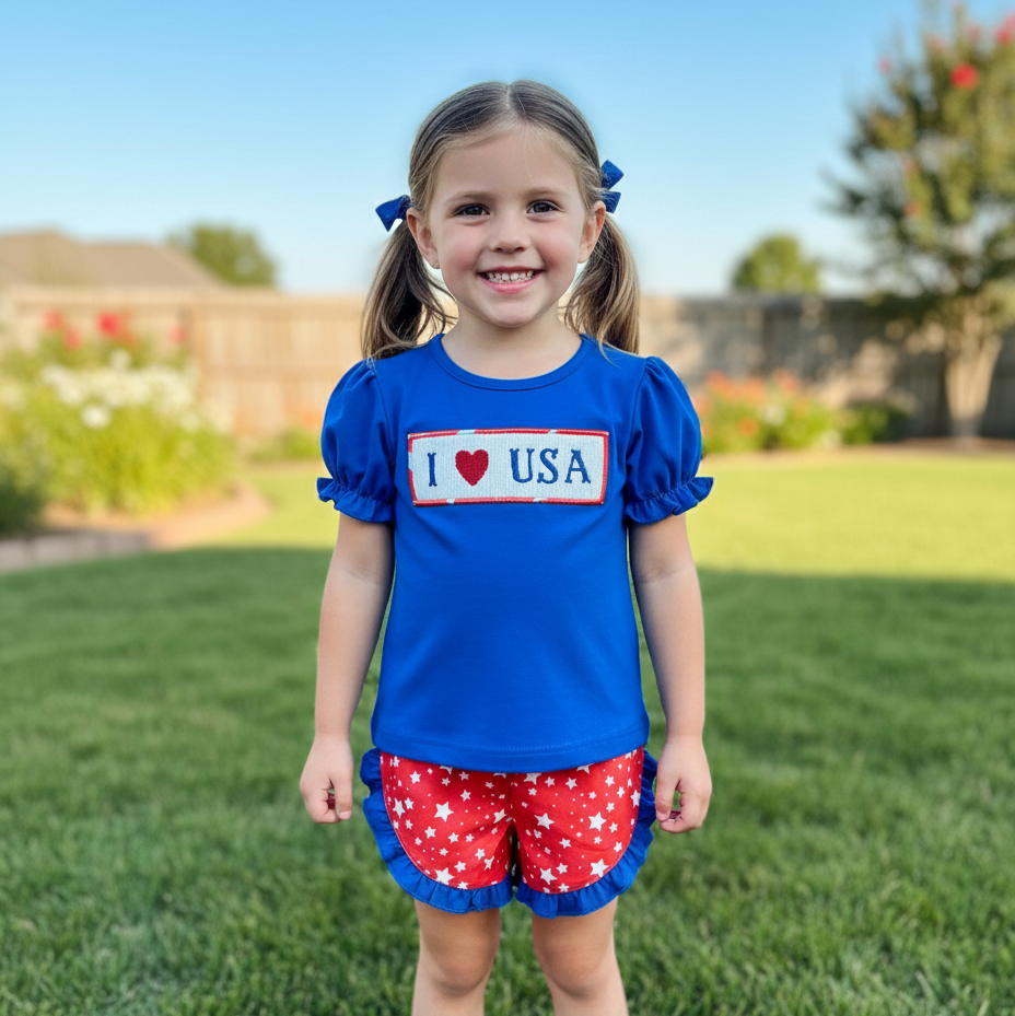 PATRIOTIC HAND SMOCKED - I ❤️ USA - GIRLS SHORTS SET