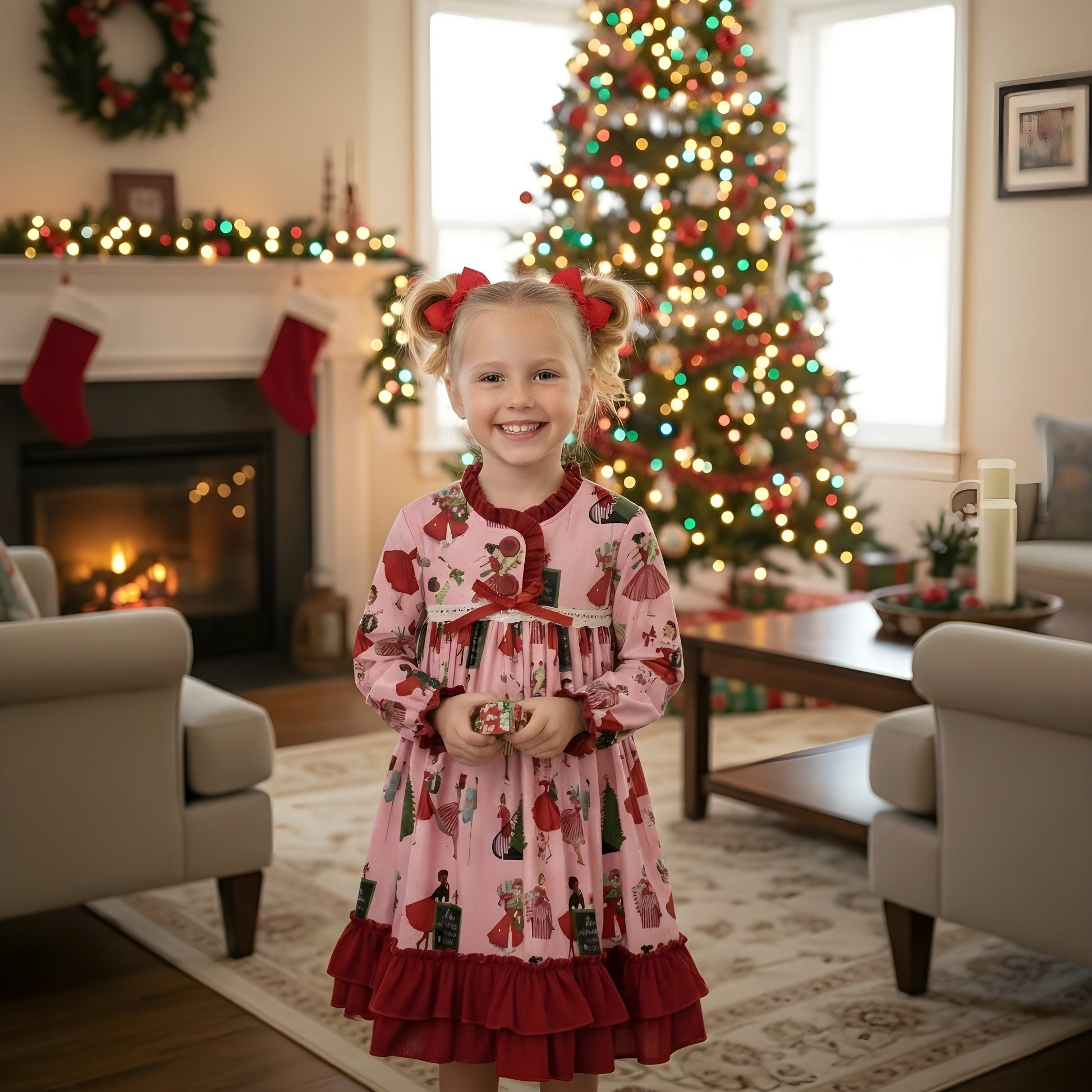 Young girl wearing a vintage 50s Christmas ladies pink nightgown with red ruffles by a festive Christmas tree.