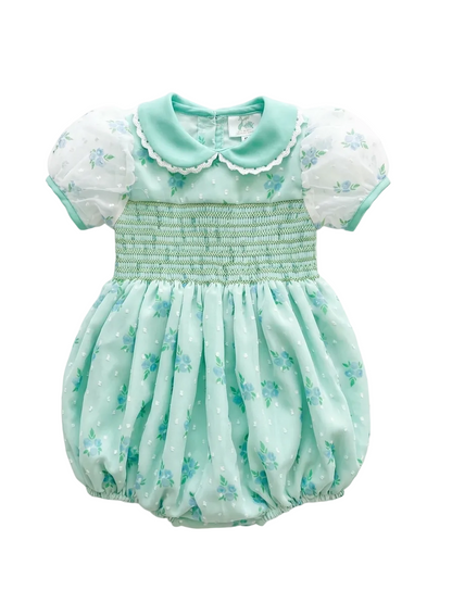 Mint green baby romper with floral patterns on a white background