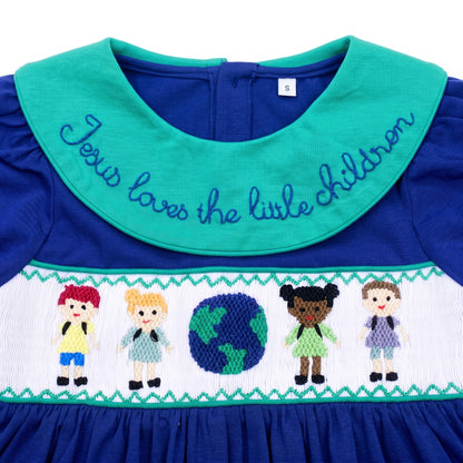 Close-up of kids hand-smocked bodice with diverse children, globe, and embroidered Jesus loves the little children.