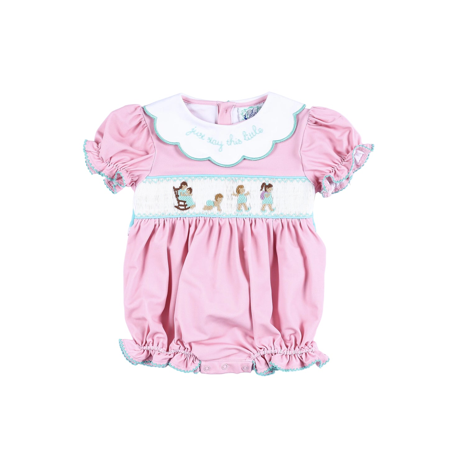 Front view of Just Stay This Little hand smocked baby girl bubble romper with embroidered milestones and collar.