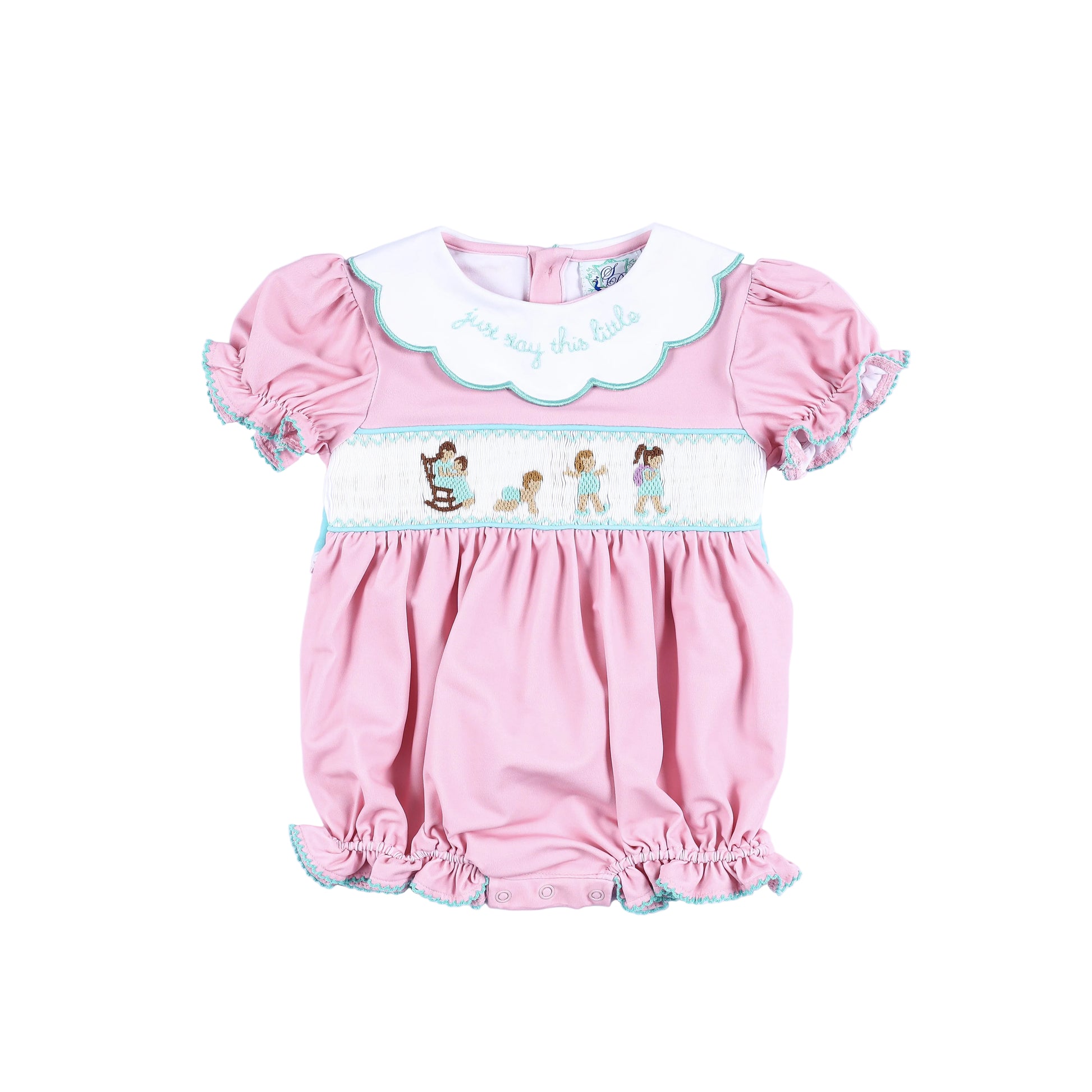 Front view of Just Stay This Little hand smocked baby girl bubble romper with embroidered milestones and collar.