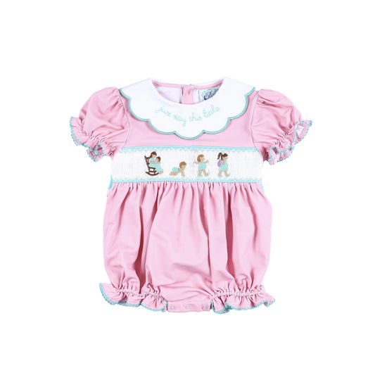Front view of Just Stay This Little hand smocked baby girl bubble romper with embroidered milestones and collar.