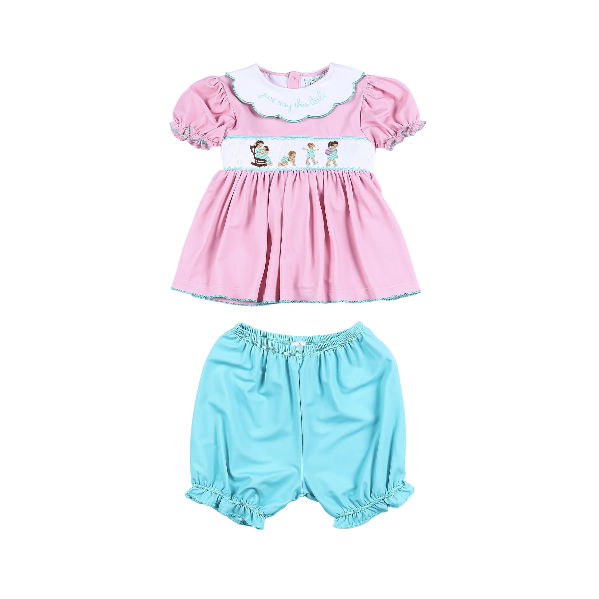 Hand-smocked pink dress and turquoise bloomer set for baby girls featuring scalloped collar embroidery.