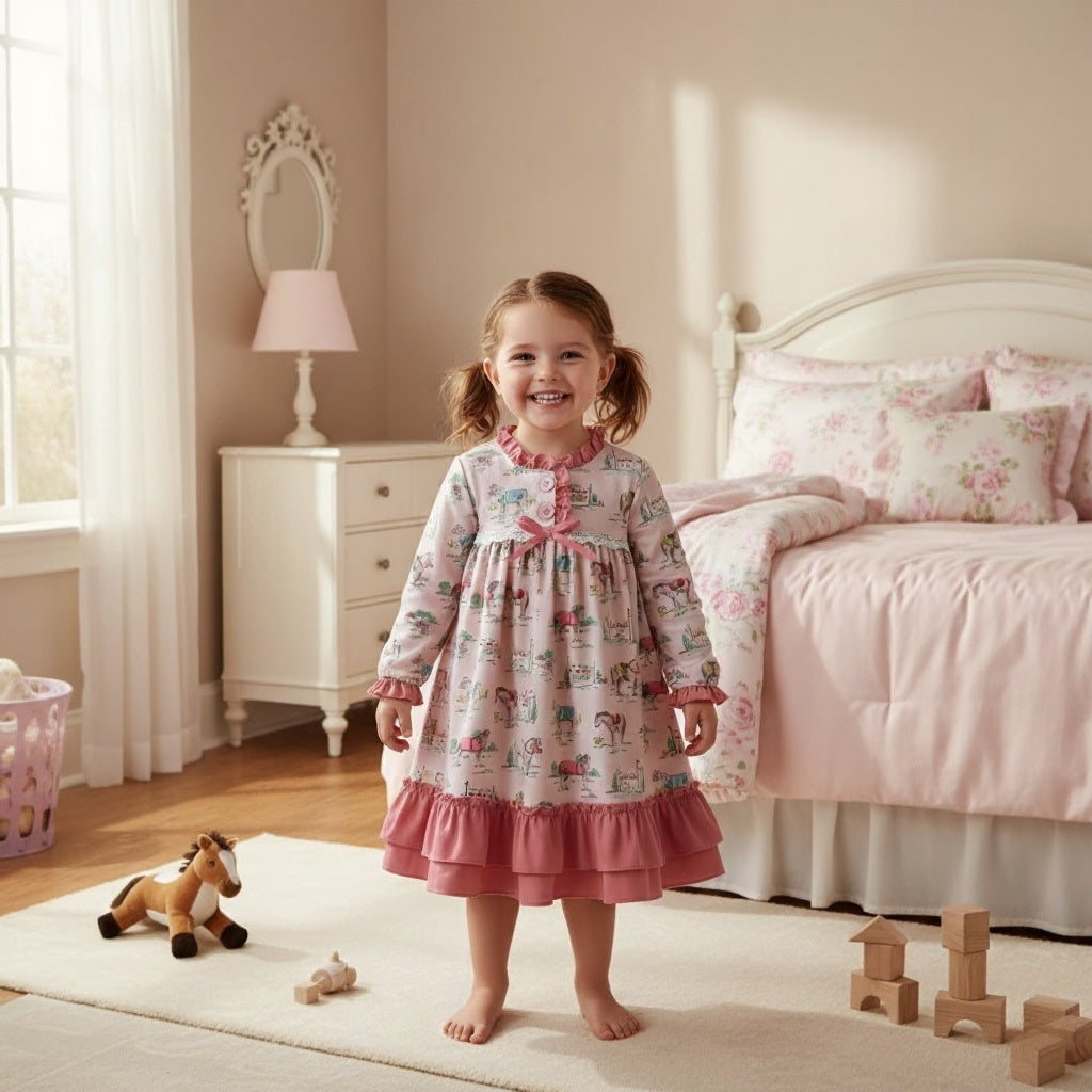 Smiling toddler standing in a bedroom wearing a long-sleeve pink Kentucky Derby equestrian horse print nightgown.
