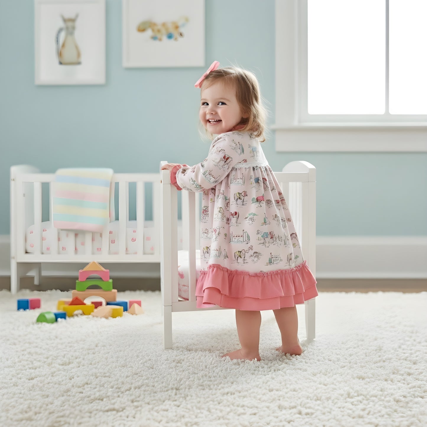 Toddler girl standing by crib showing side profile of a pink Kentucky Derby equestrian horse pattern nightgown.