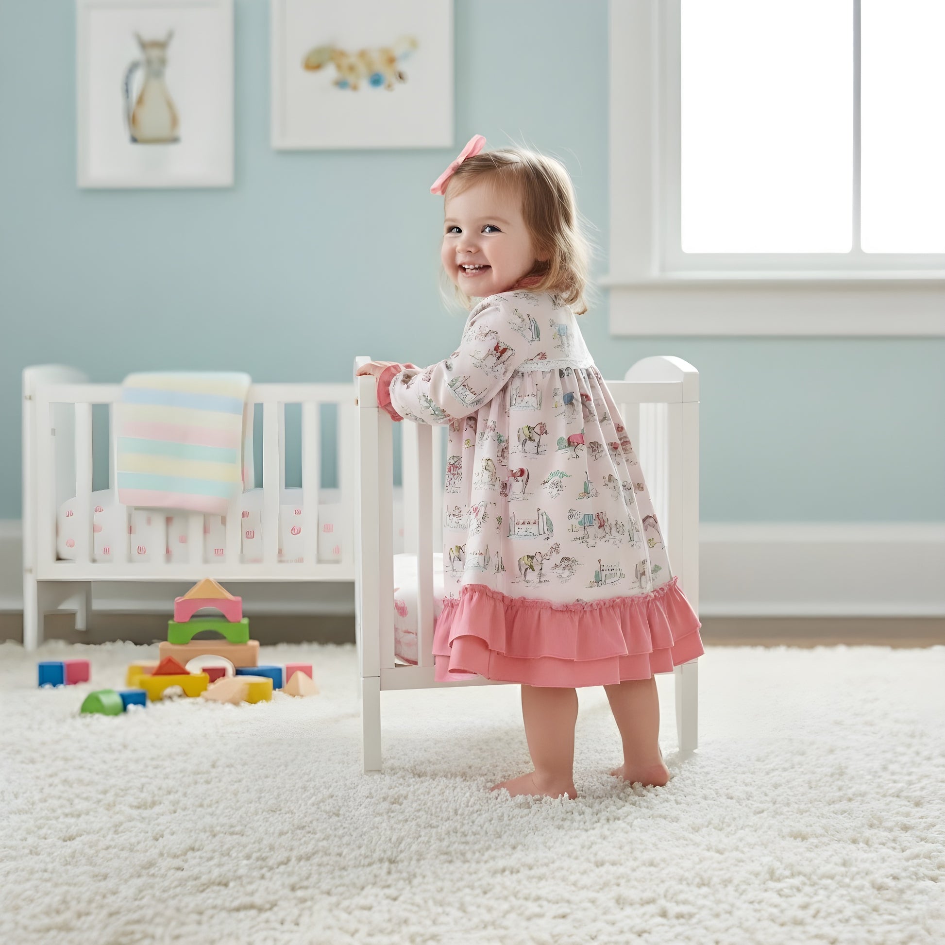 Toddler girl standing by crib showing side profile of a pink Kentucky Derby equestrian horse pattern nightgown.