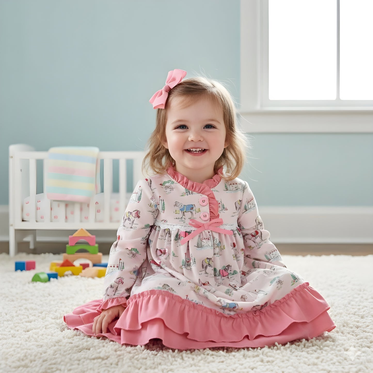 Toddler girl sitting in a pink Kentucky Derby equestrian horse print nightgown with ruffle trim and bow accent.