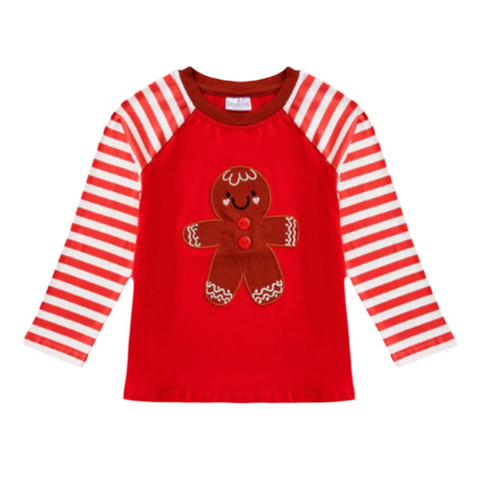 Red long sleeve knit shirt with gingerbread man applique and red and white striped raglan sleeves.