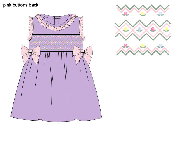 Children's dress pattern with pink buttons and decorative elements on a white background
