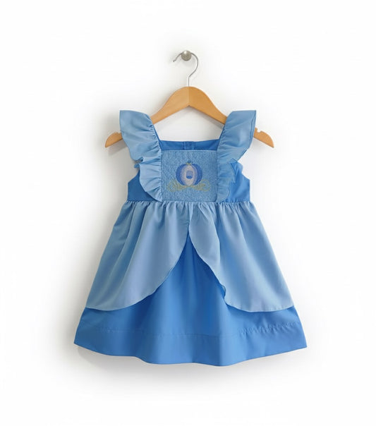 Light blue smocked Cinderella princess dress with ruffle straps and an embroidered carriage.