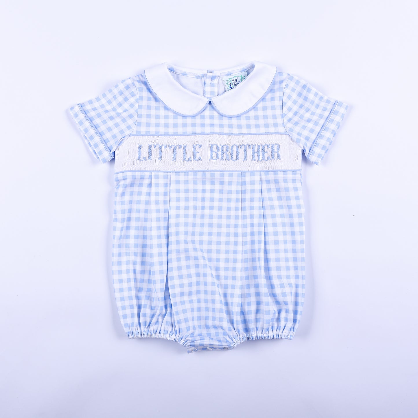 Light blue gingham smocked bubble romper for baby boys featuring hand-embroidered Little Brother text.