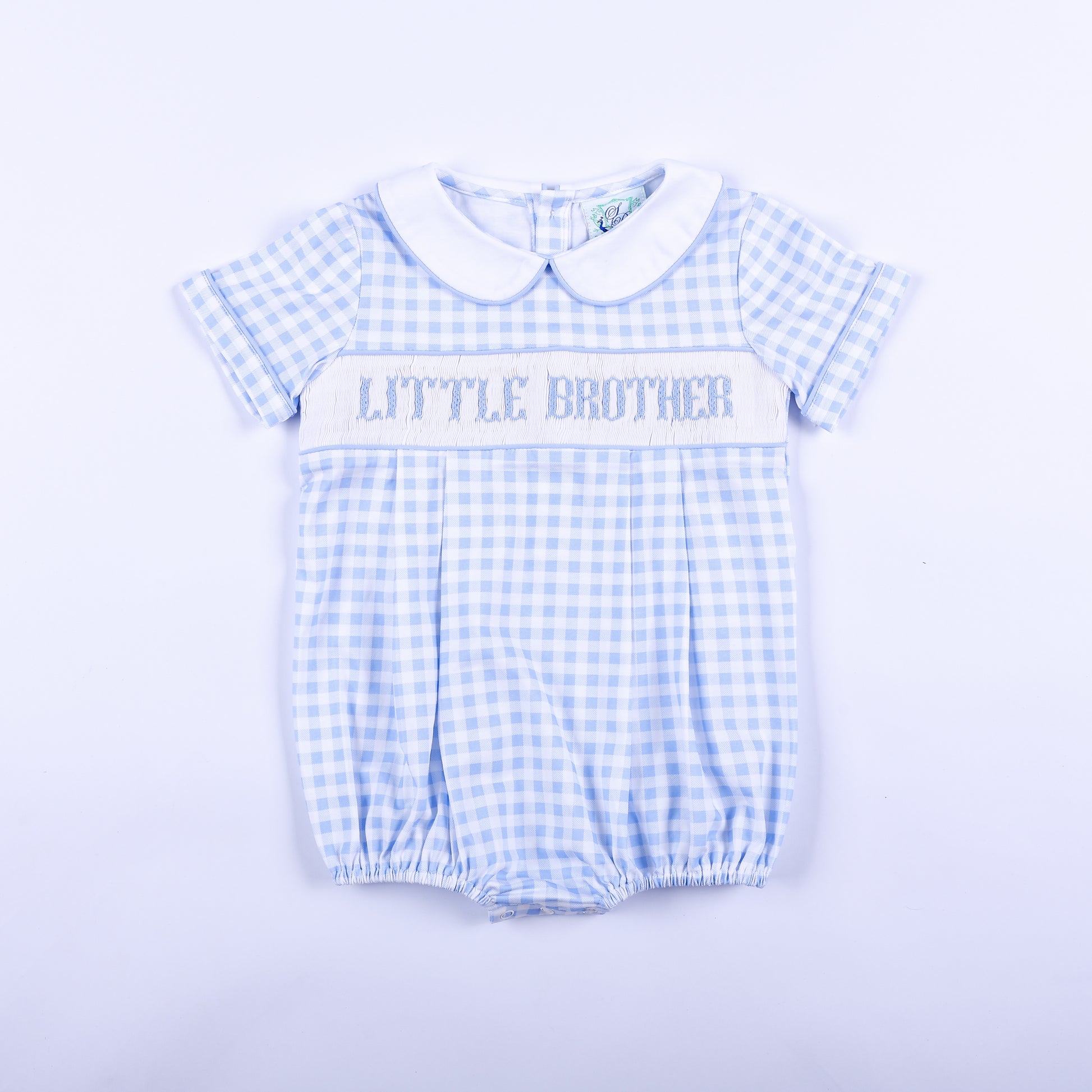 Light blue gingham smocked bubble romper for baby boys featuring hand-embroidered Little Brother text.