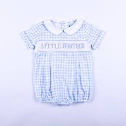 Light blue gingham smocked bubble romper for baby boys featuring hand-embroidered Little Brother text.