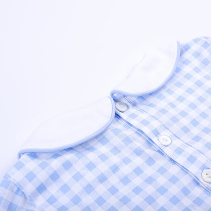 Close-up of back button closure and Peter Pan collar on light blue gingham Little Brother baby bubble.