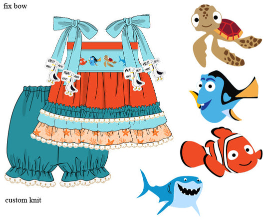 Children's outfit with ruffled skirt and top, surrounded by cartoon sea creatures on a light blue background.
