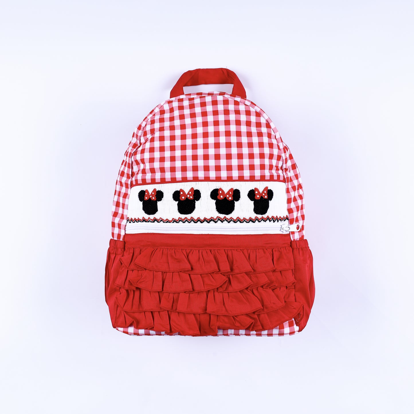 Red gingham full size backpack with hand smocked mouse bow panel and tiered red ruffles for kids.