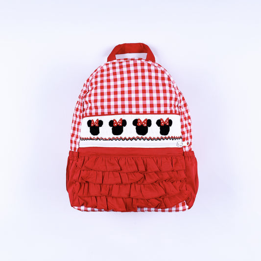 Red gingham full size backpack with hand smocked mouse bow panel and tiered red ruffles for kids.