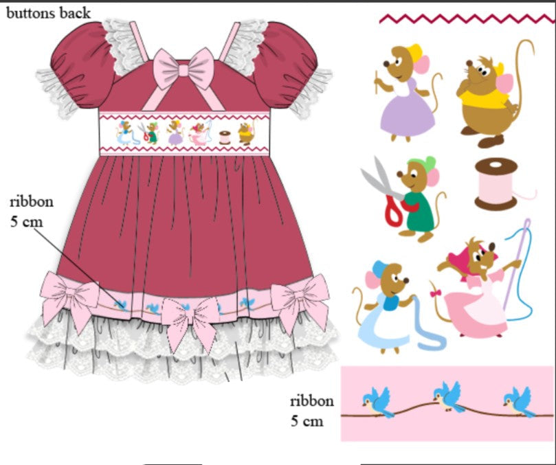 Illustration of a pink dress with decorative elements and sewing-themed illustrations.