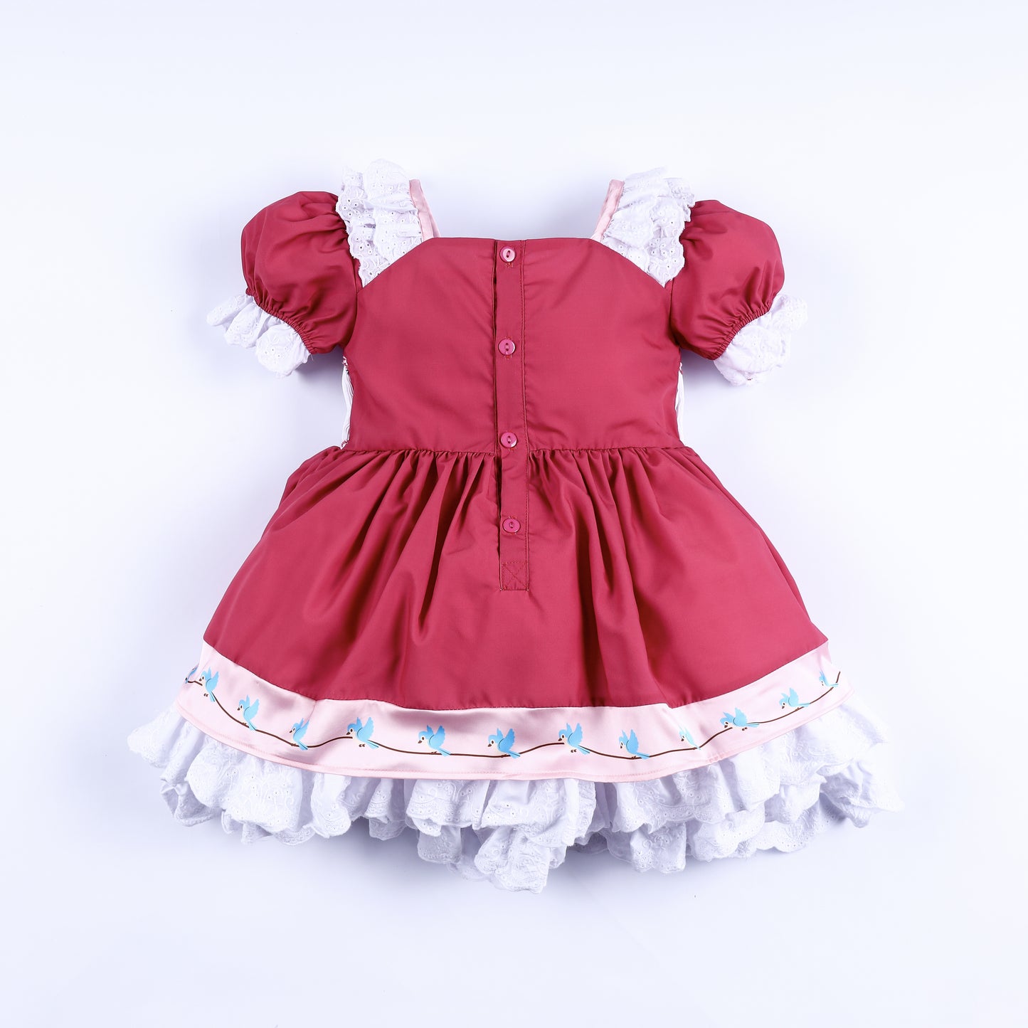 Full back view of magical sewing mice pink princess dress with button closure and blue bird embroidered hem.