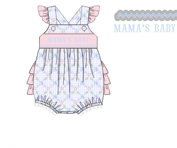 Light blue gingham smocked baby girl bubble with tiered Ruffle Butt, 'Mama's Baby' embroidery and lace trim.