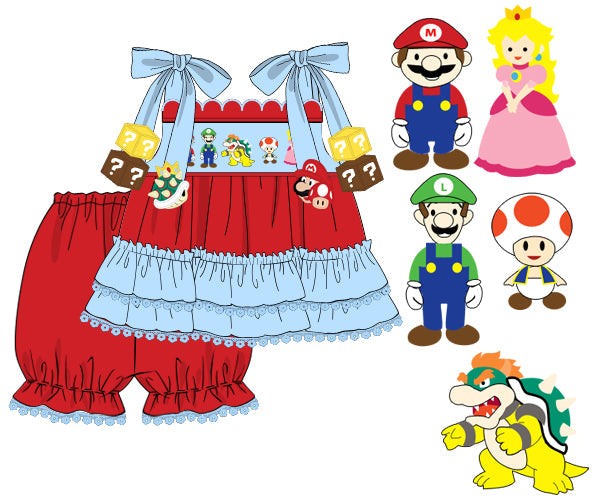 Hand-smocked red ruffle girls outfit featuring Mario, Luigi, Peach, Toad, and Bowser characters.