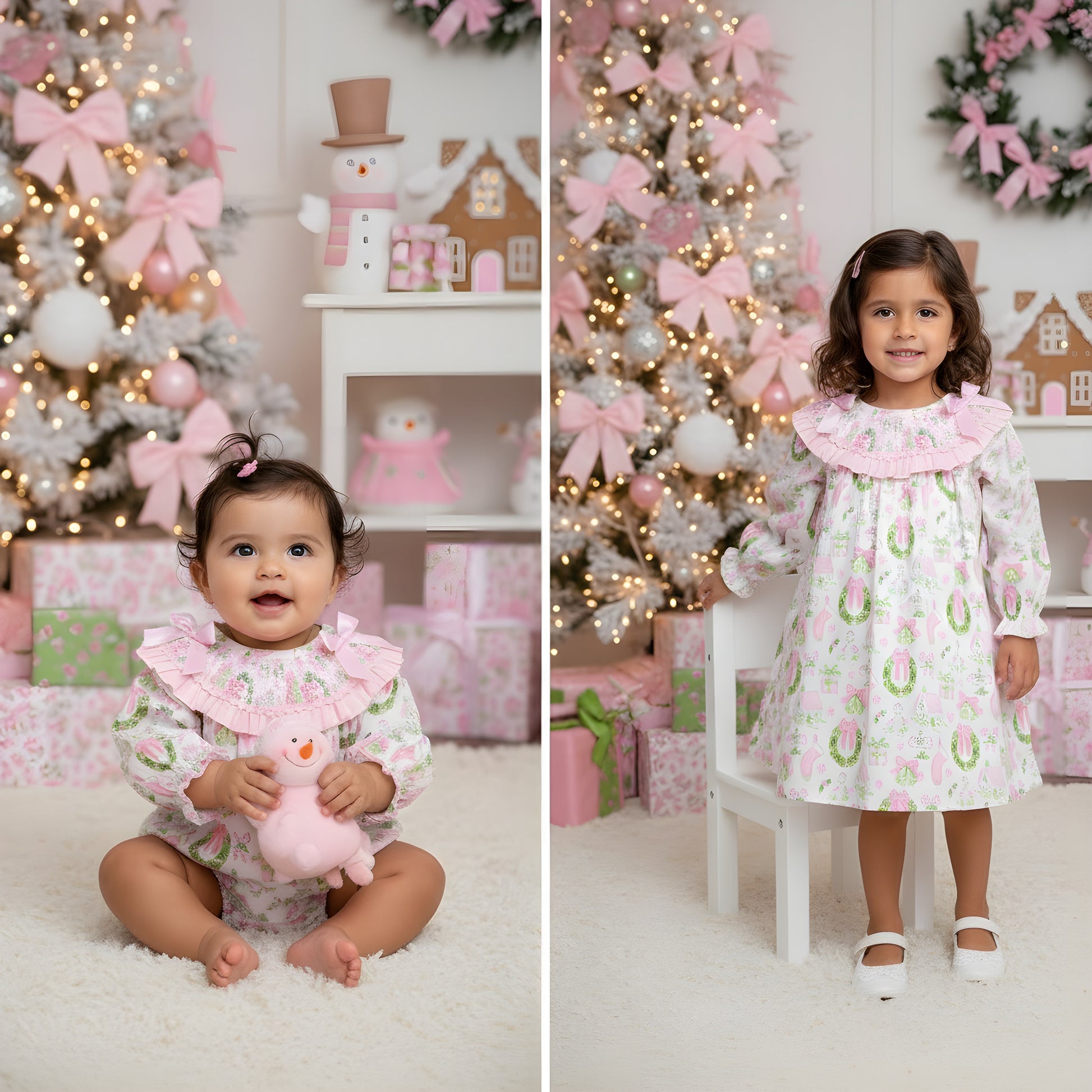 Matching sister girls Christmas watercolor smocked dress and baby bubble romper set by holiday tree.