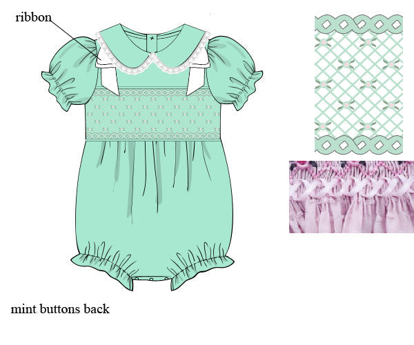 Mint Ribbon Elite hand-smocked girls bubble romper with white lace collar and shoulder ribbons.