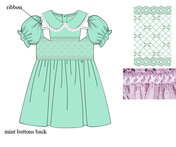 Mint green hand smocked girls dress with white ribbon bows, lace Peter Pan collar, and puff sleeves.