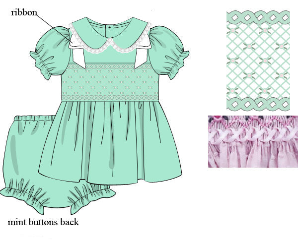 Mint green hand-smocked girls top and bloomers set with white lace Peter Pan collar and ribbon details.