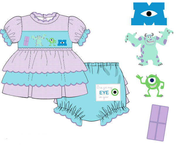 Girls purple gingham and aqua hand-smocked monster friends top and bloomer outfit set with 'I got my eye on you' patch.