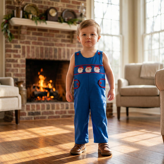 Toddler boy wearing navy blue Santa smocked Christmas jon jon with red piping standing by fireplace.