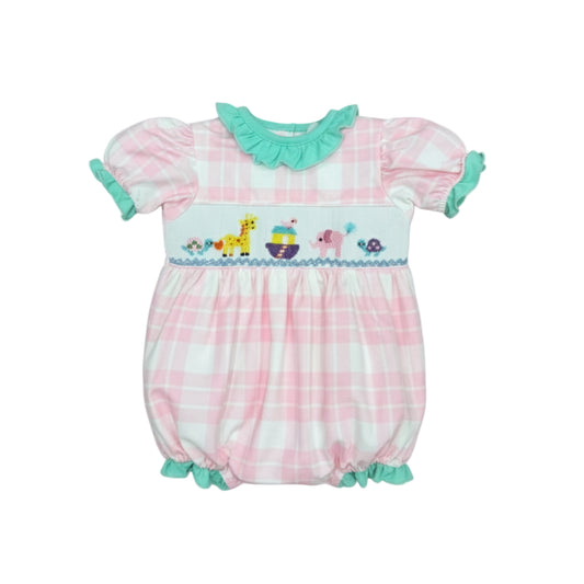 Pink plaid hand smocked bubble romper featuring Noah's Ark animals and green ruffle trim.