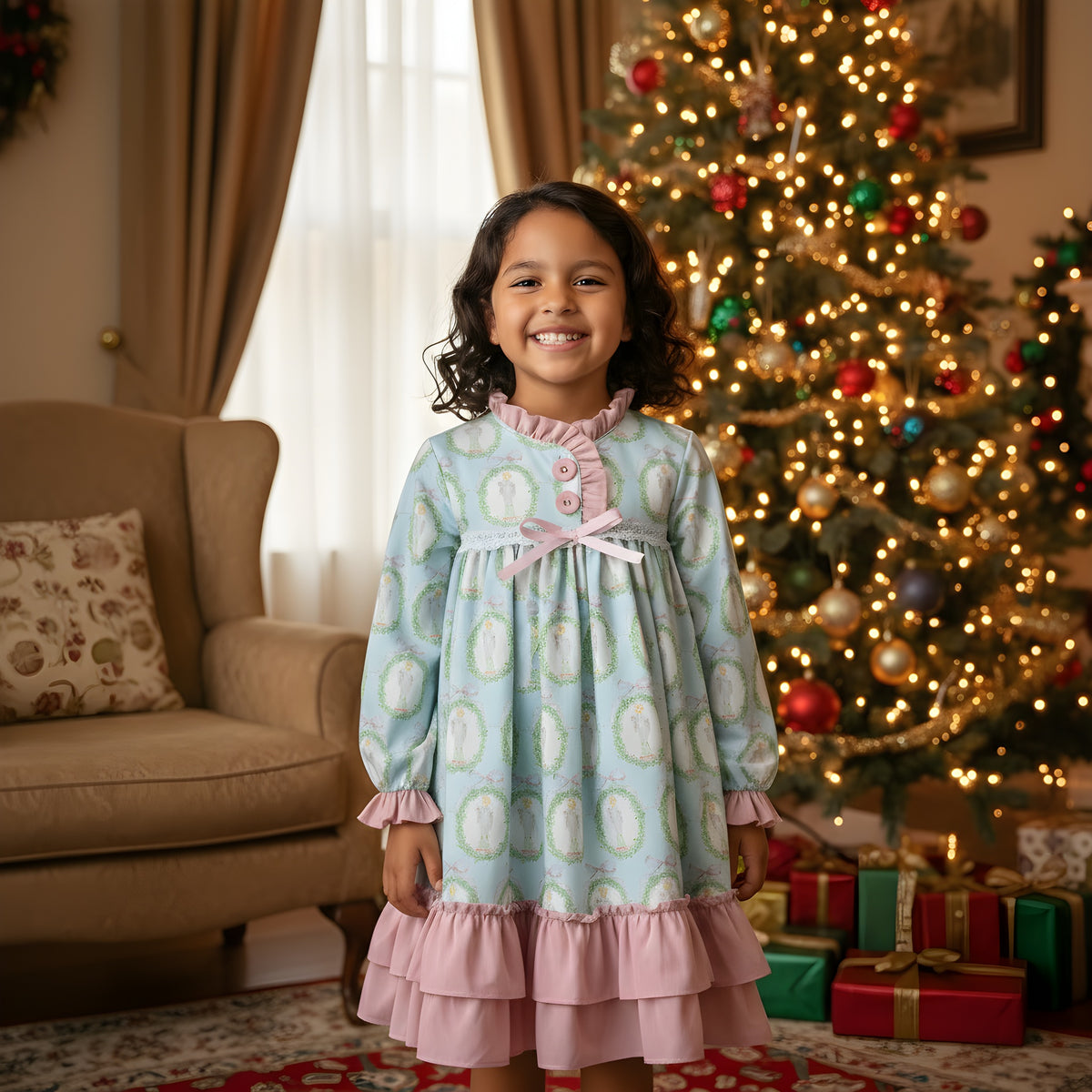 Young girl smiling in Nutcracker Ballet aqua blue and pink holiday nightgown by a festive Christmas tree.