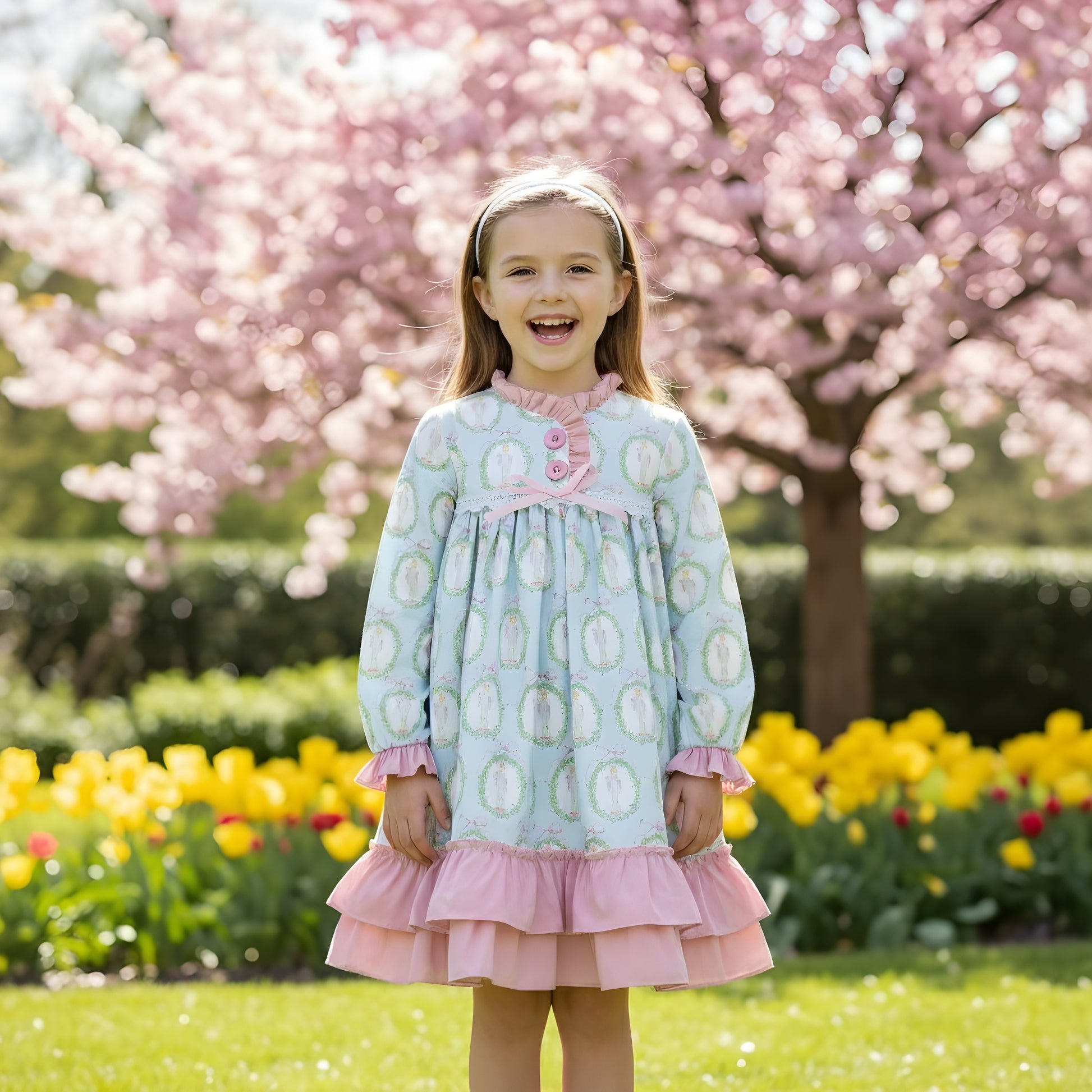Girl wearing Nutcracker Ballet aqua blue and pink nightgown with ruffled trim in a blooming spring garden.