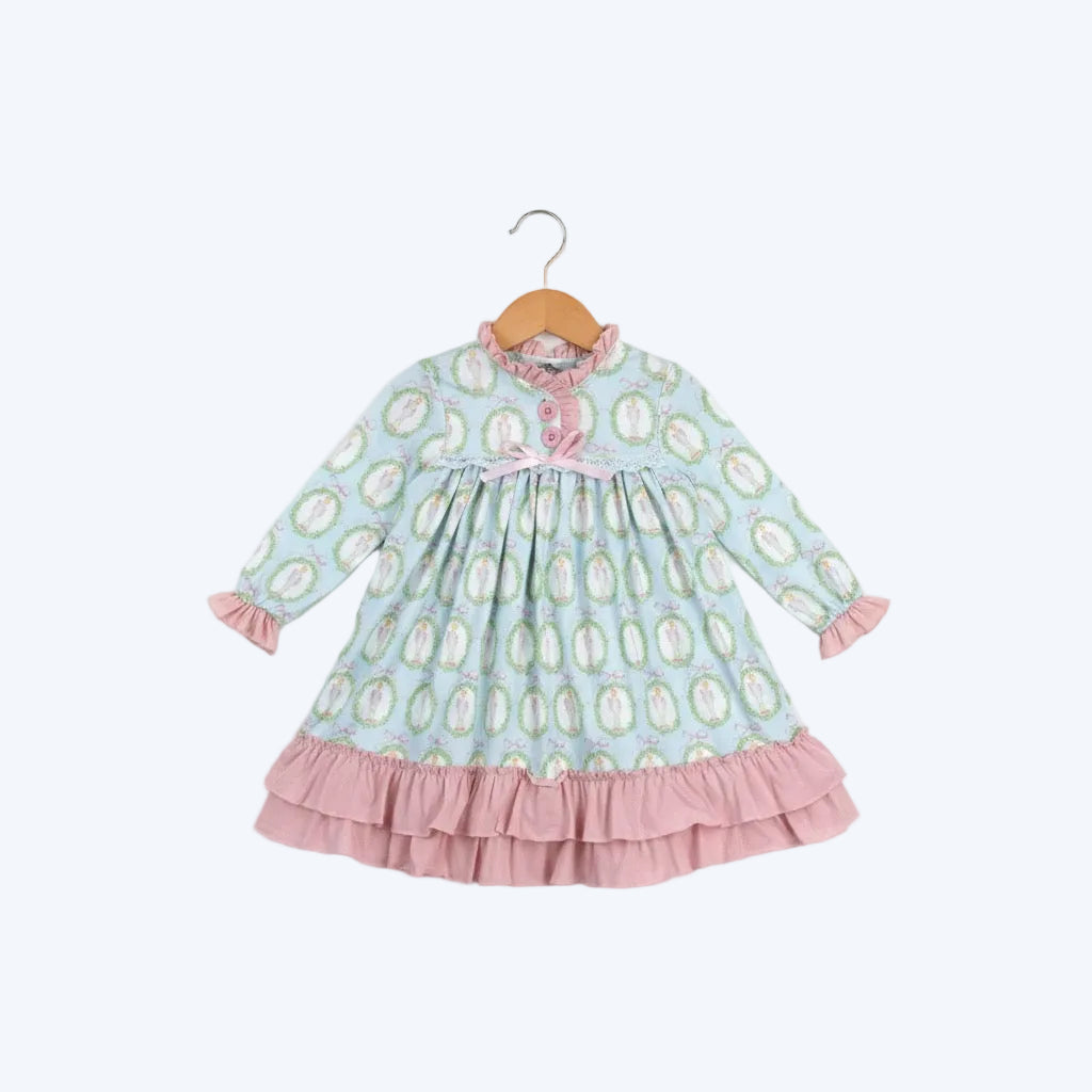 Nutcracker Ballet aqua blue and pink long sleeve nightgown with ruffles displayed on a wooden hanger.