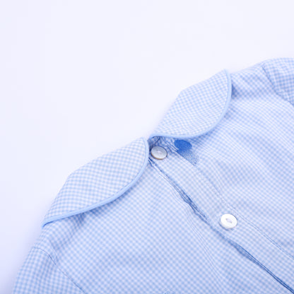 Close-up back collar view showing secure button closure and fine gingham pattern on Oh Twodles smocked boys bubble.